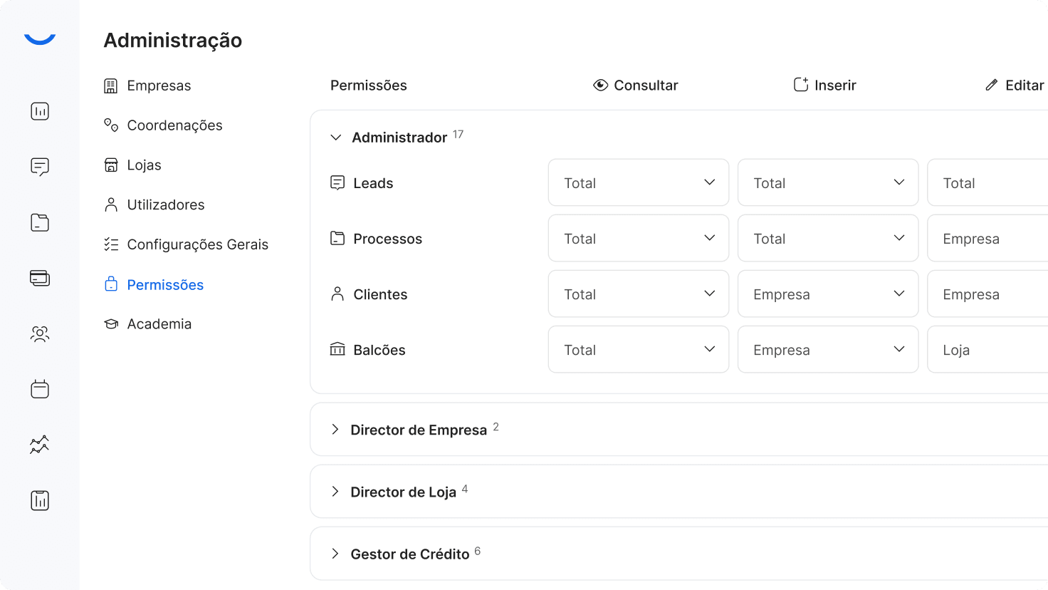 Permissões por utilizador e loja